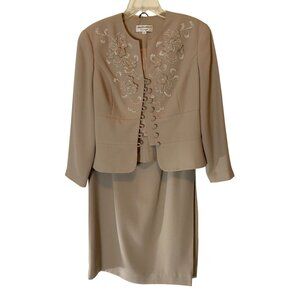 Adrianna Papell Beige Formal Midi Skirt Suit Floral Beading Button Accents Size